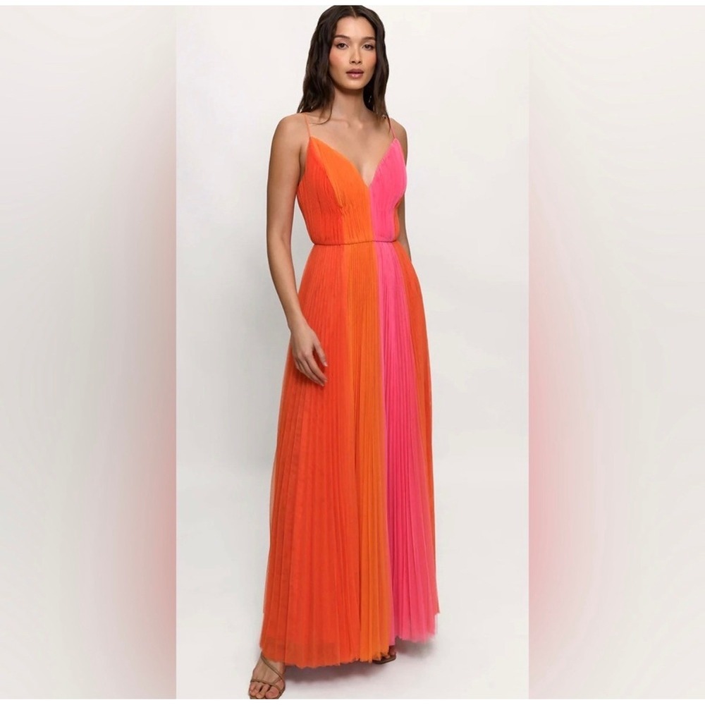 Hutch Pleated Colorblock Maxi Dress 14W Pink Orange V-Neck Gown NWOT $396
